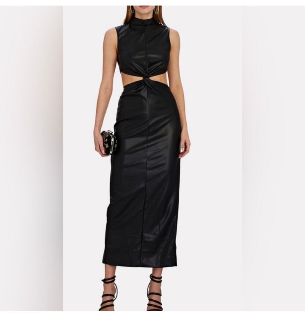 Ronny Kobo Grint Black Faux Leather Mock Neck Cut Out Knotted Midi Dress Size M